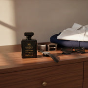 King's Summit luxury dresser lifestyle featuring a cologne similar to Creed Aventus with masculine accessories