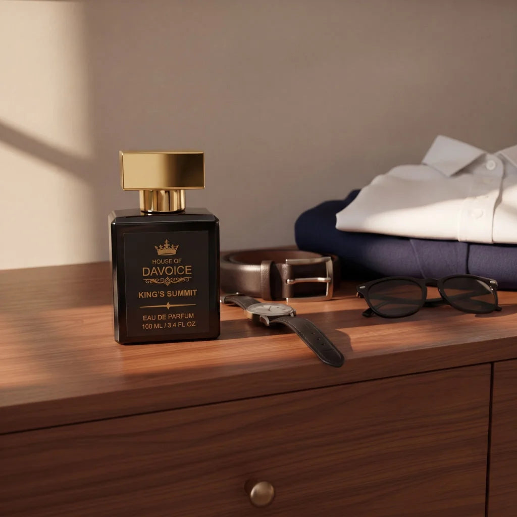 King's Summit luxury dresser lifestyle featuring a cologne similar to Creed Aventus with masculine accessories