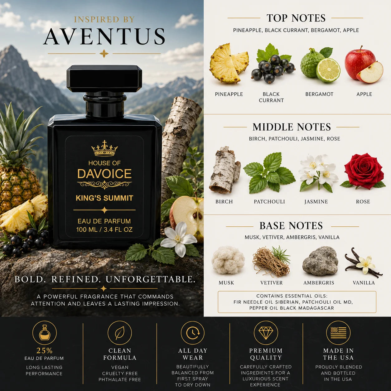 King's Summit fruity woody men's cologne that smells like Creed Aventus for men with pineapple, black currant, bergamot, apple and birch fragrance notes