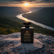 House of DaVoice King's Summit Creed Aventus inspired cologne overlooking a mountain river valley at sunset