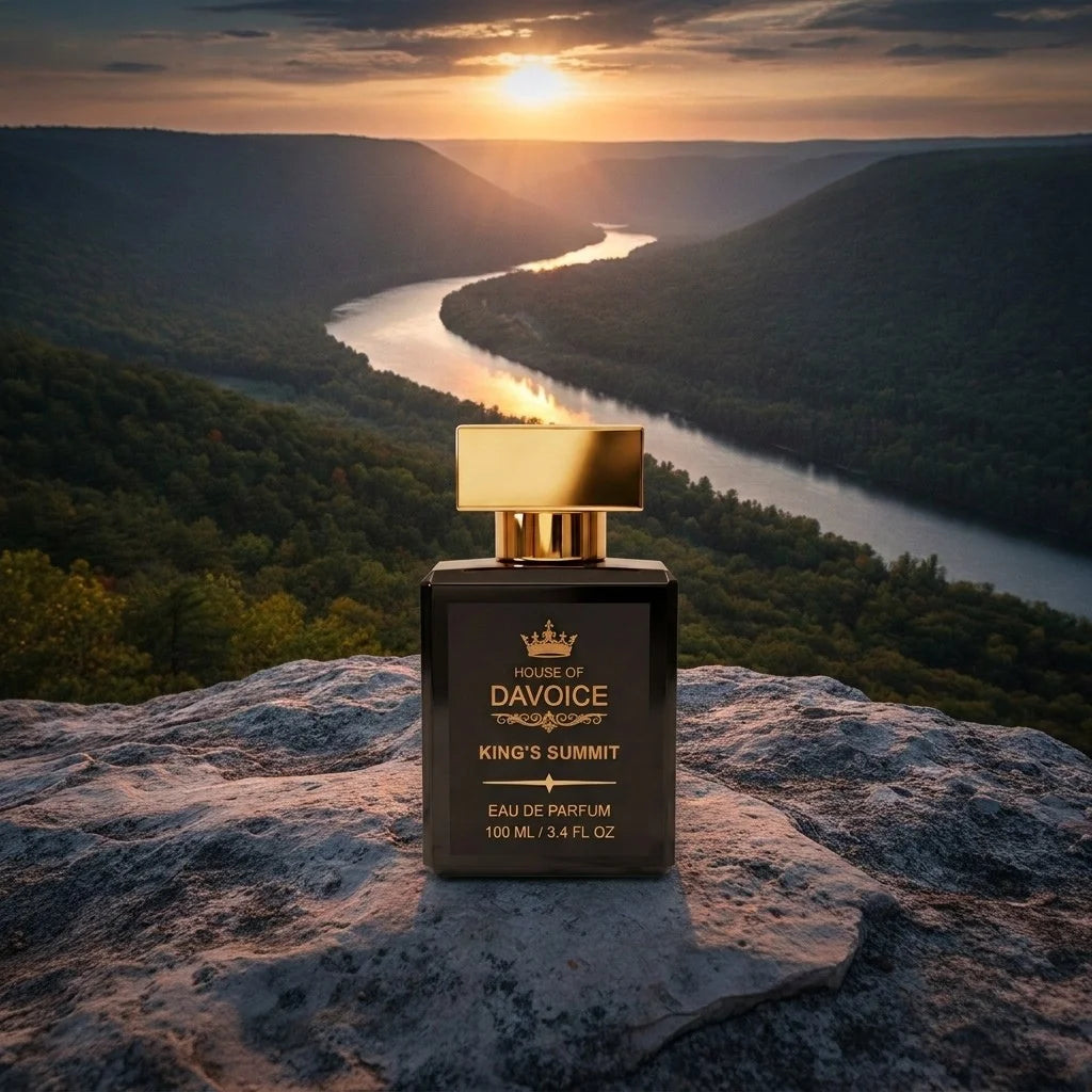 House of DaVoice King's Summit Creed Aventus inspired cologne overlooking a mountain river valley at sunset