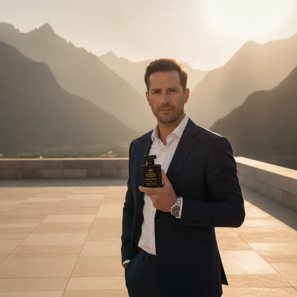 Man holding House of DaVoice King's Summit fragrances similar to Creed Aventus cologne for men with a luxury mountain backdrop