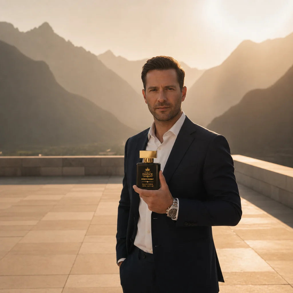 Man holding House of DaVoice King's Summit fragrances similar to Creed Aventus cologne for men with a luxury mountain backdrop
