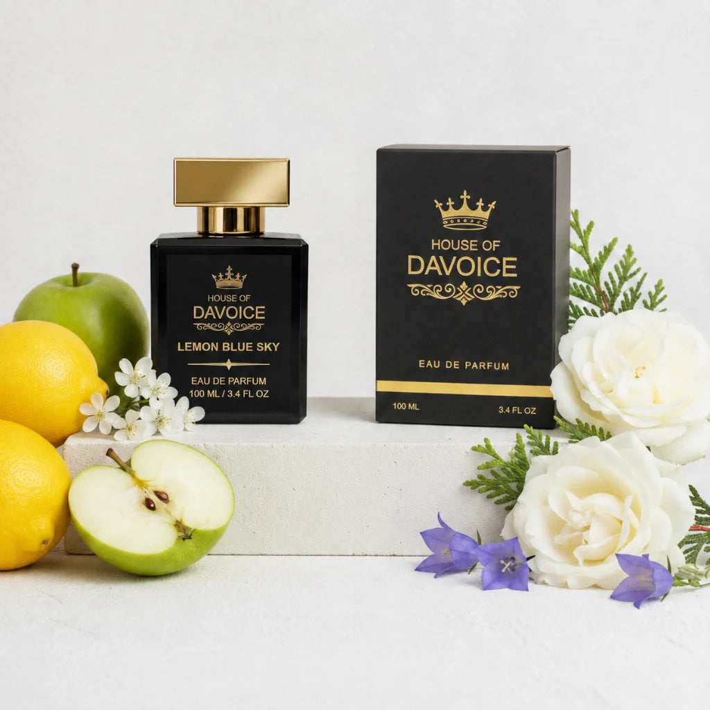 House of DaVoice Lemon Blue Sky 100ml perfume and box, a Light Blue Inspired Perfume similar to Dolce and Gabbana Light Blue Women's Perfume