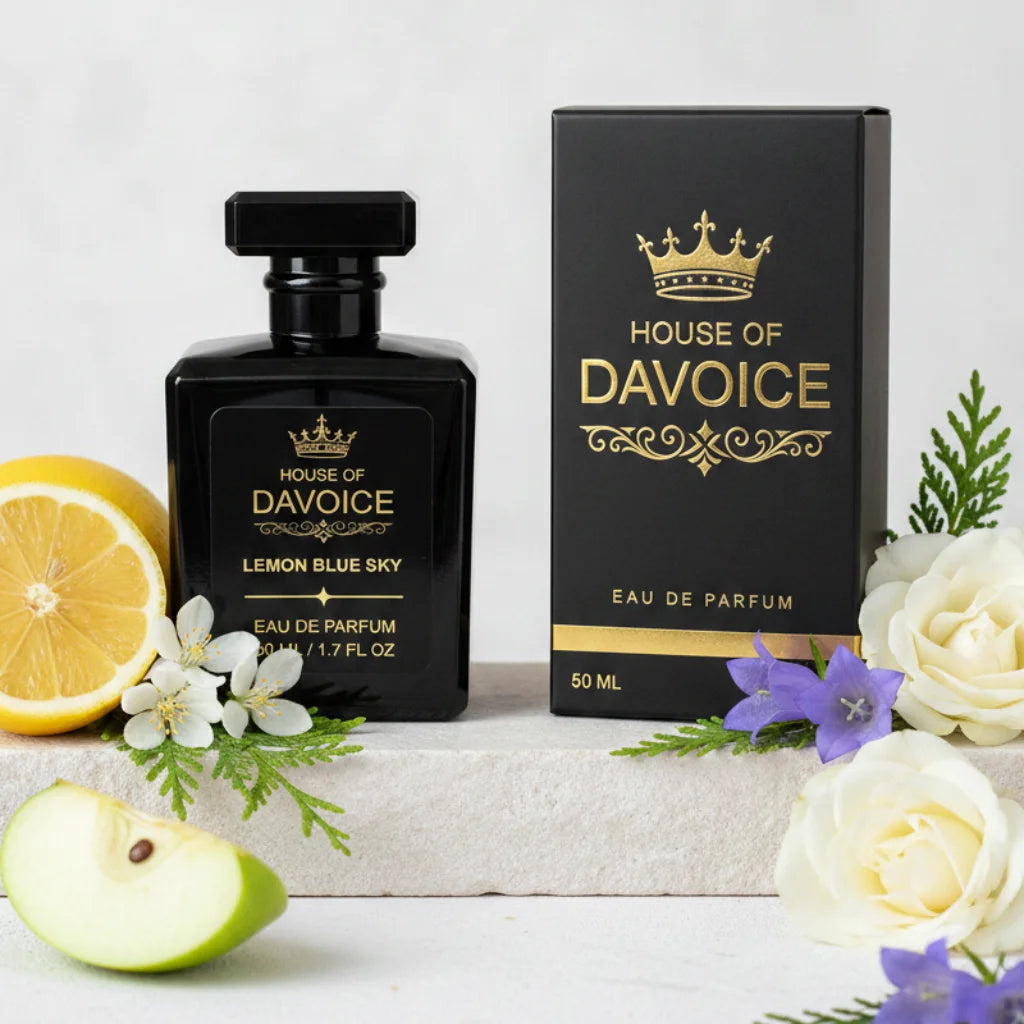 House of DaVoice Lemon Blue Sky 50ml perfume and box with lemons, green apple and flowers inspired by Dolce and Gabbana Light Blue Perfume for Women