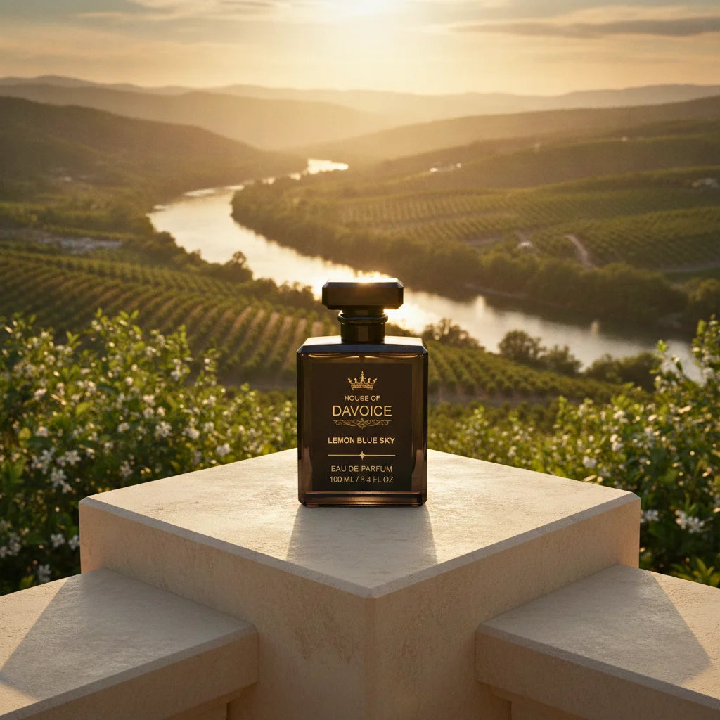 House of DaVoice Lemon Blue Sky Light Blue Inspired Perfume displayed on a luxury terrace overlooking the river valley at sunrise