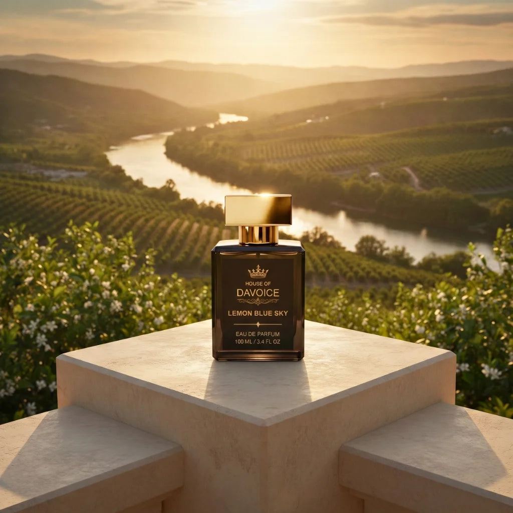 House of DaVoice Lemon Blue Sky Light Blue Inspired Perfume displayed on a luxury terrace overlooking the river valley at sunrise