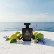 House of DaVoice Lemon Blue Sky Fresh Citrus Perfume for Women inspired by Women's Light Blue Dolce and Gabbana displayed beside the Mediterranean Sea
