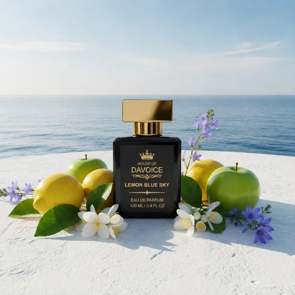 House of DaVoice Lemon Blue Sky Fresh Citrus Perfume for Women inspired by Women's Light Blue Dolce and Gabbana displayed beside the Mediterranean Sea