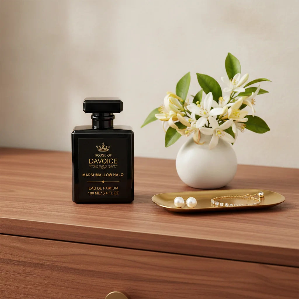 Marshmallow Halo floral marshmallow perfume displayed on a luxury dresser with elegant accessories