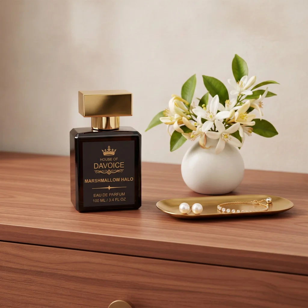 Marshmallow Halo floral marshmallow perfume displayed on a luxury dresser with elegant accessories