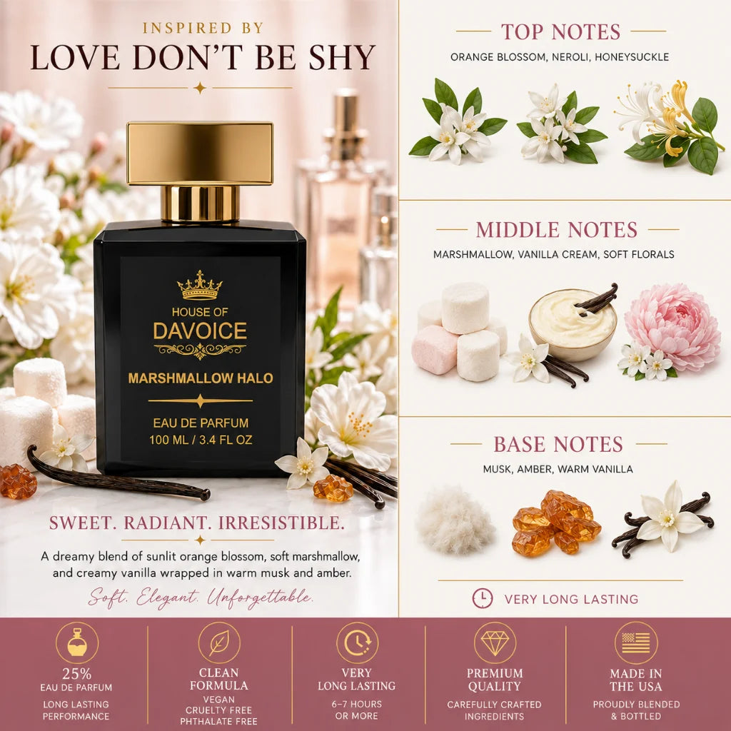 Marshmallow Halo vanilla marshmallow perfume with a orange blossom fragrance and vanilla beans inspired by Kilian Love Don't Be Shy