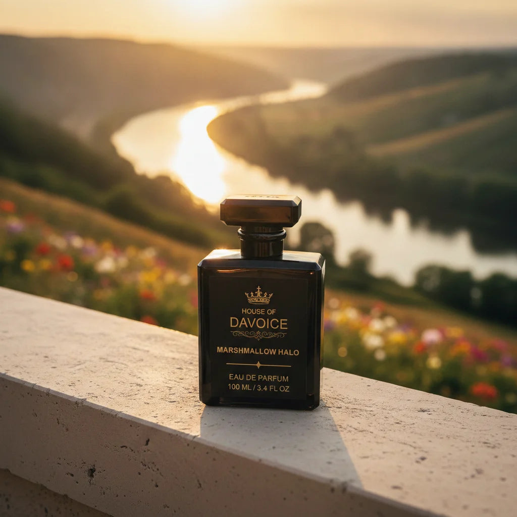 Marshmallow Halo perfume inspired by Kilian Love Don't Be Shy overlooking a peaceful river valley at sunset