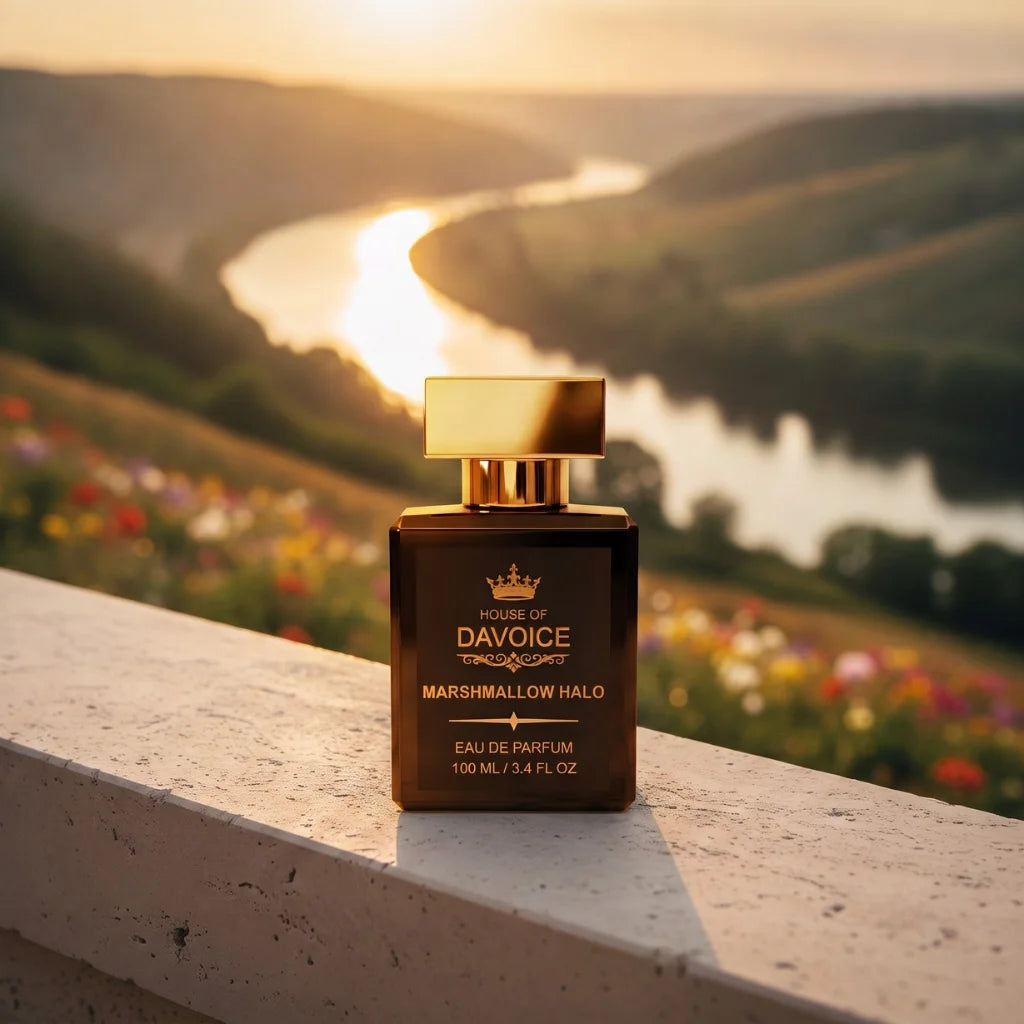 Marshmallow Halo perfume inspired by Kilian Love Don't Be Shy overlooking a peaceful river valley at sunset