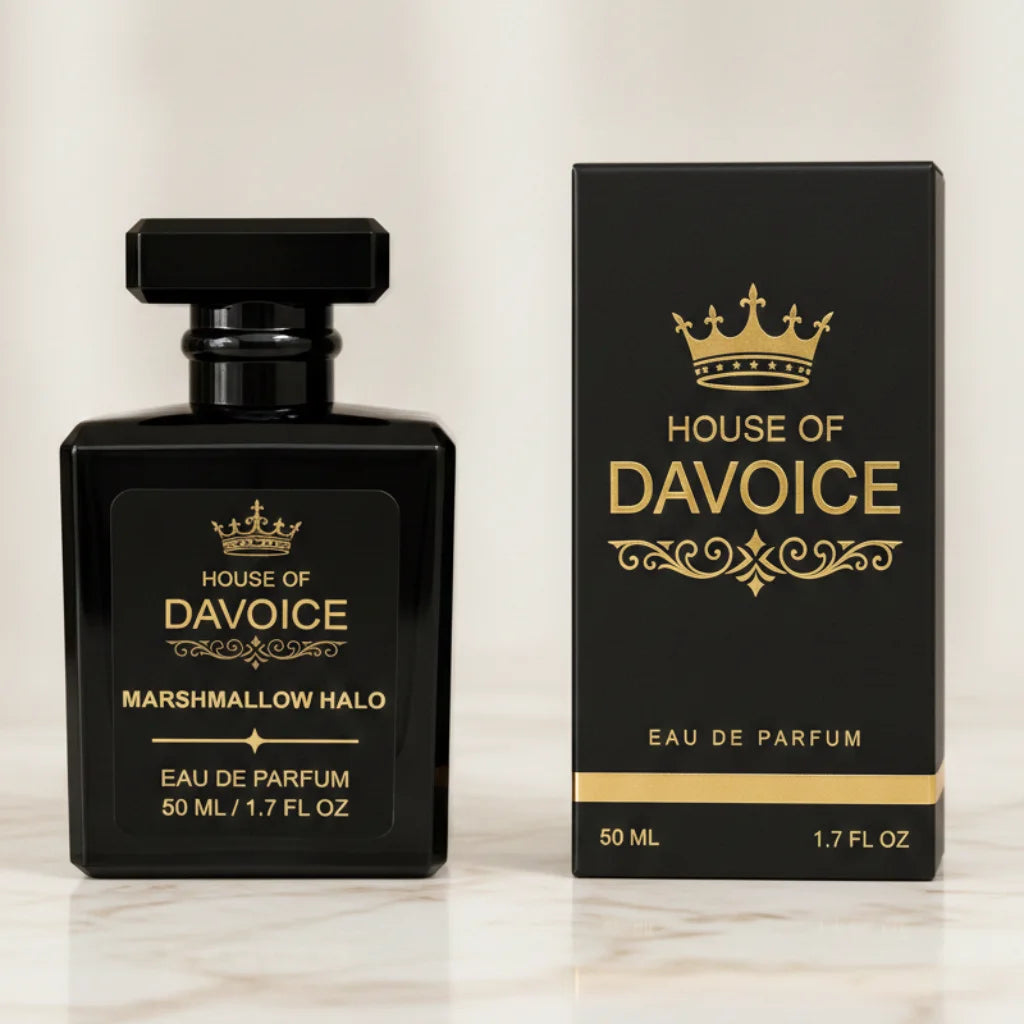 House of DaVoice Marshmallow Halo 50ml perfume with matching box of a marshmallow scented perfume