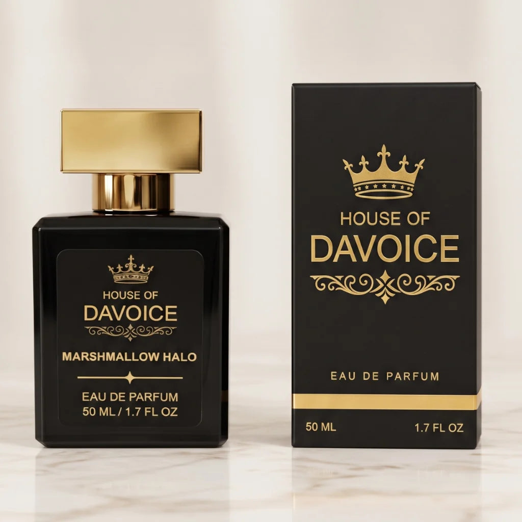 House of DaVoice Marshmallow Halo 50ml perfume with matching box of a marshmallow scented perfume