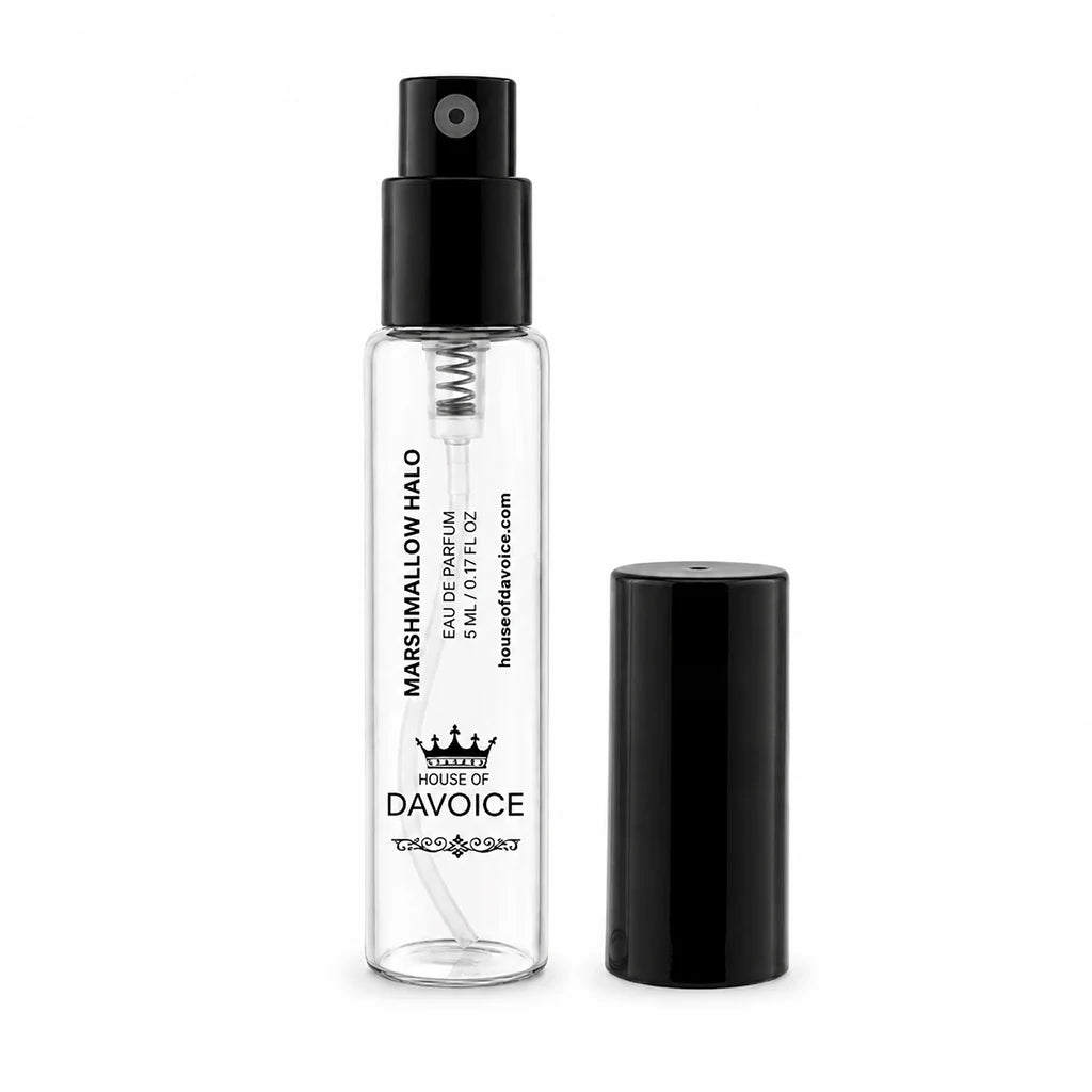 Marshmallow Halo travel-size perfume sample with spray cap