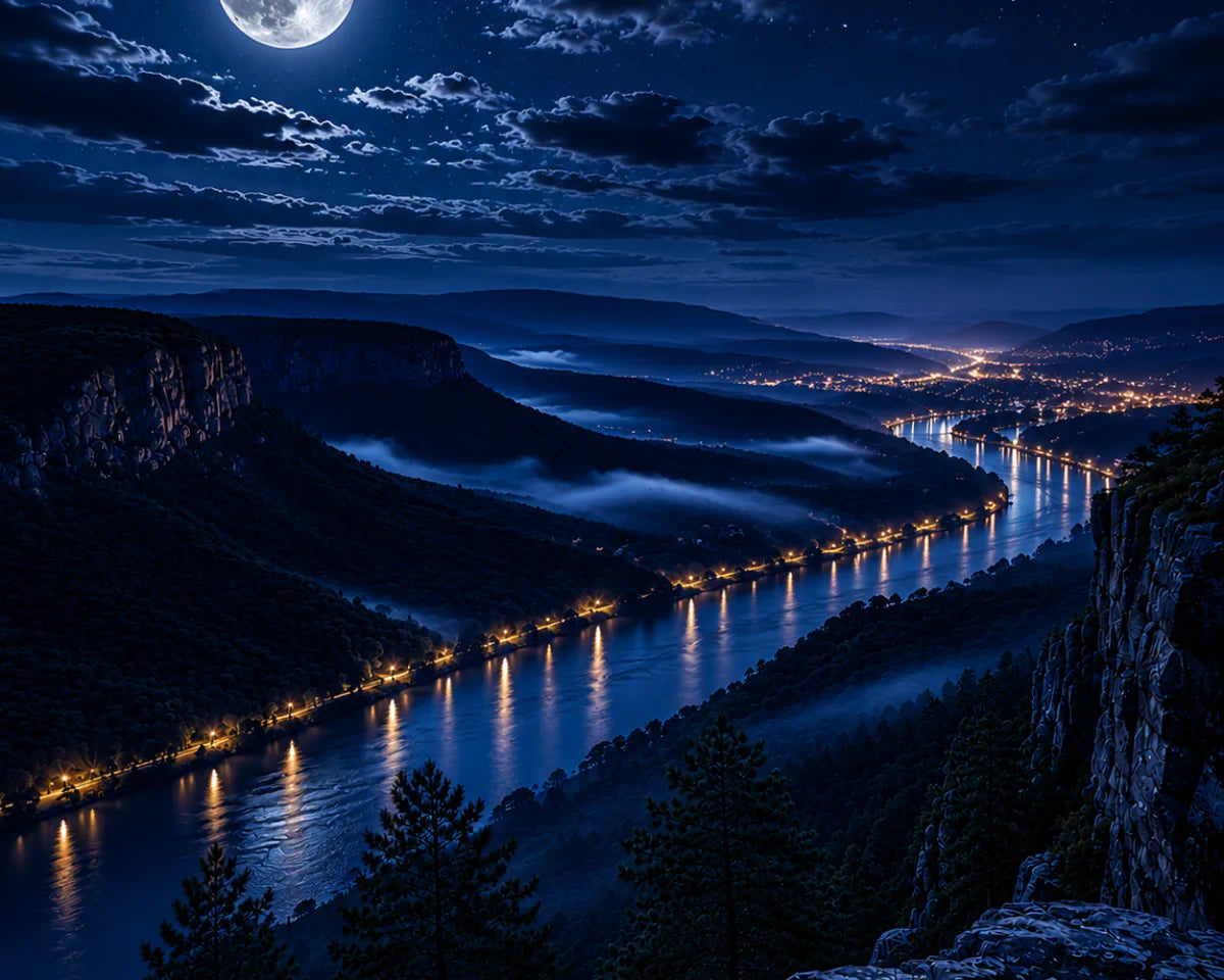 Designer inspired fragrances overlooking the Arkansas River Valley beneath a full moon and night lights
