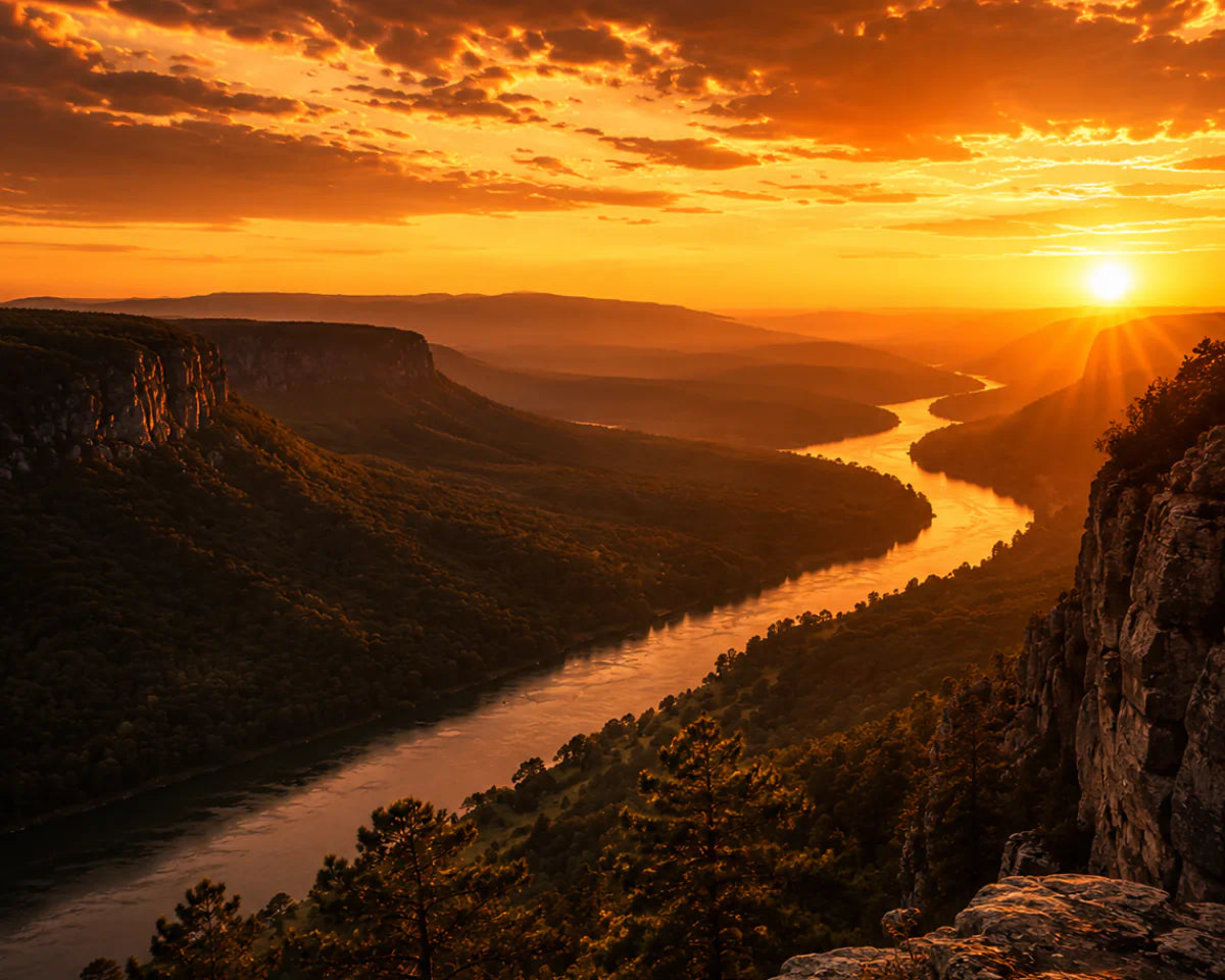 Men's designer inspired cologne overlooking the Arkansas River Valley at warm amber sunset