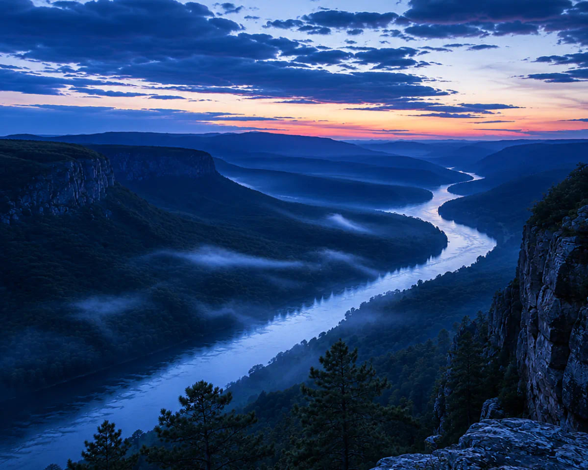 Women's designer inspired perfume overlooking the Arkansas River Valley at cool blue twilight