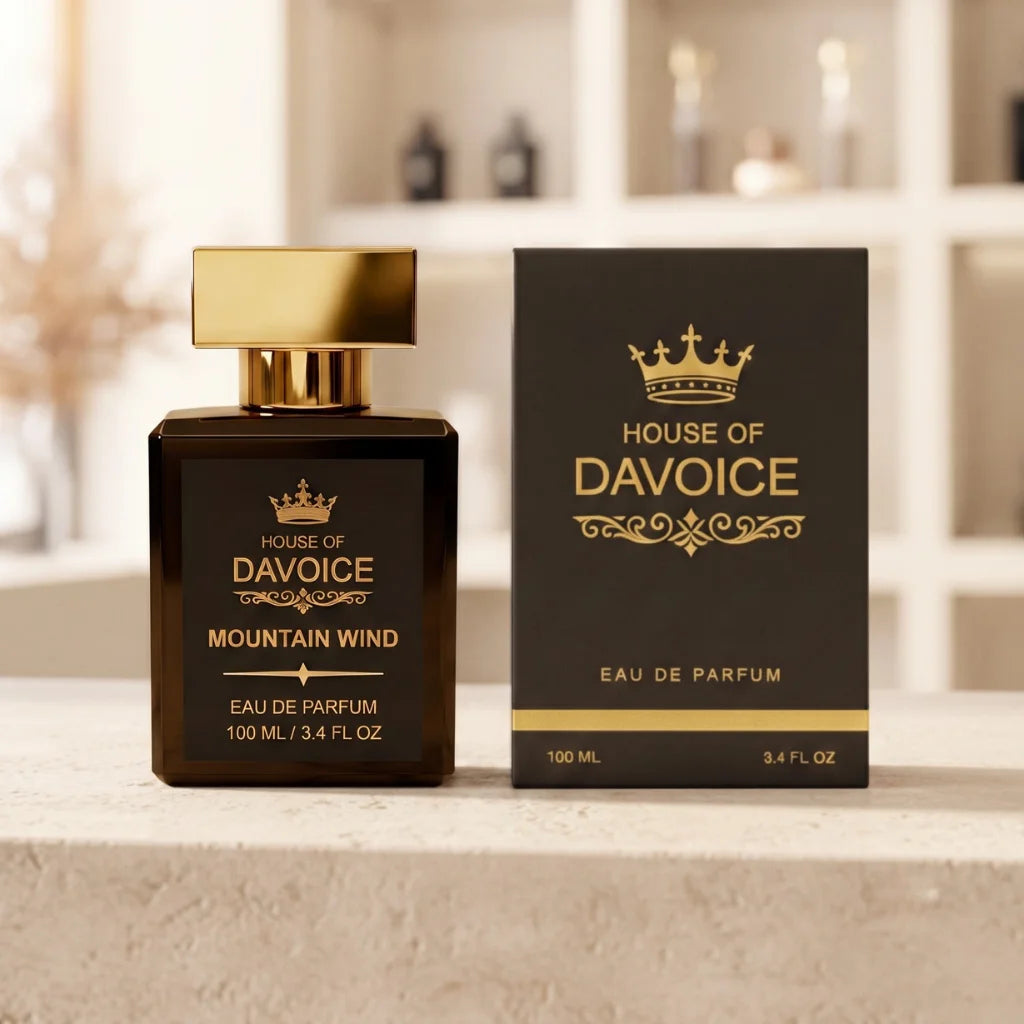 House of DaVoice Mountain Wind 100ml perfume bottle and luxury box, Sauvage inspired cologne packaging