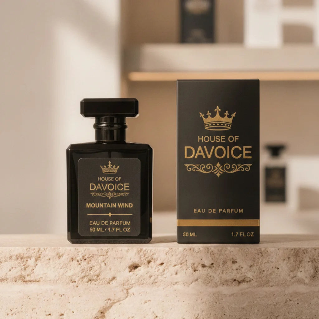 House of DaVoice Mountain Wind 50ml perfume bottle and luxury box that is a Sauvage dupe, fresh woody cologne gift presentation 