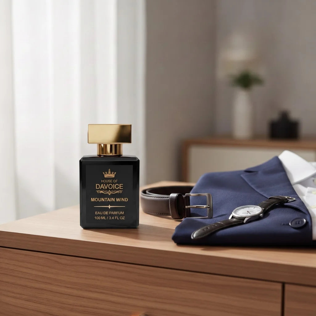 House of DaVoice Mountain Wind Sauvage dupe sitting beside a navy blazer and men's accessories