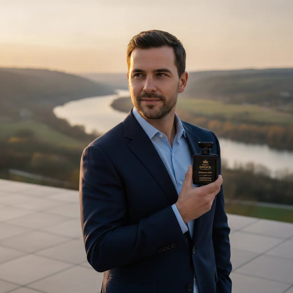 Man holding House of DaVoice Mountain Wind, a fresh woody bergamot cologne inspired by Dior Sauvage Eau de Parfum