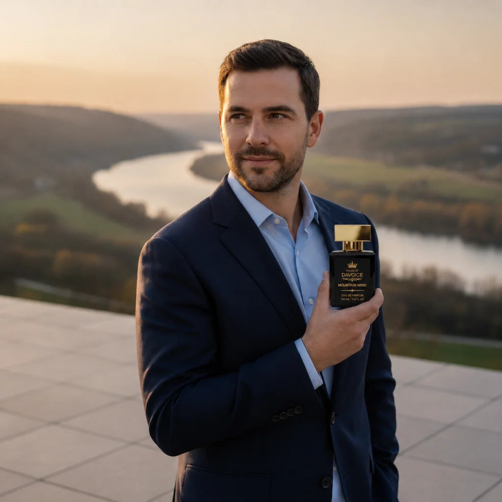 Man holding House of DaVoice Mountain Wind, a fresh woody bergamot cologne inspired by Dior Sauvage Eau de Parfum