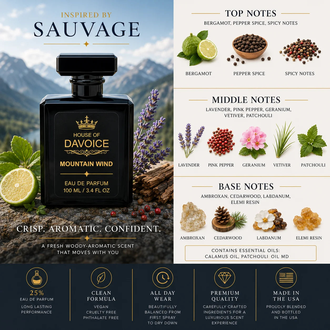 Mountain Wind fragrance notes featuring bergamot, lavender, cedarwood and fresh woody accords inspired by Sauvage Dior for men