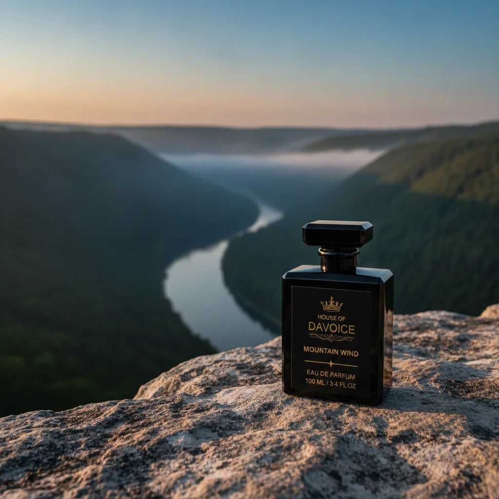 House of DaVoice Mountain Wind fresh woody bergamot cologne that is similar to Savage Dior for men, sitting on a limestone overlook above a scenic river valley at golden hour