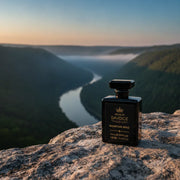 House of DaVoice Mountain Wind fresh woody bergamot cologne that is similar to Savage Dior for men, sitting on a limestone overlook above a scenic river valley at golden hour