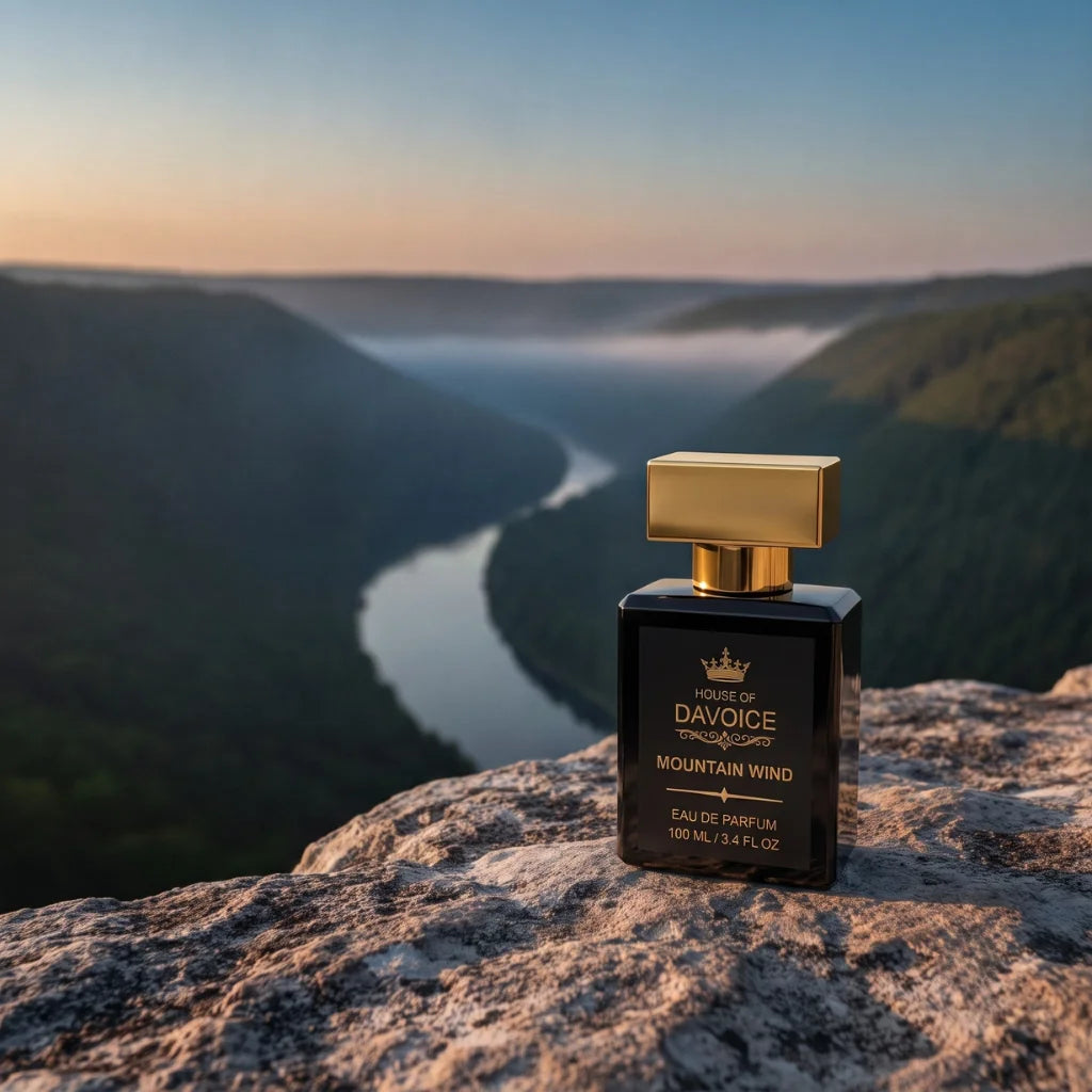 House of DaVoice Mountain Wind fresh woody bergamot cologne that is similar to Savage Dior for men, sitting on a limestone overlook above a scenic river valley at golden hour
