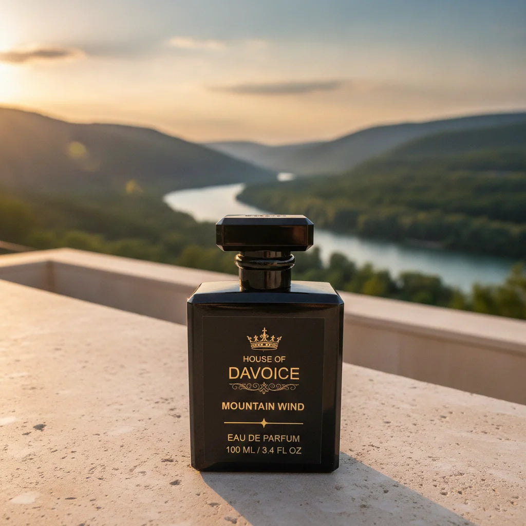 Mountain Wind Sauvage alternative cologne overlooking a scenic river valley at golden hour