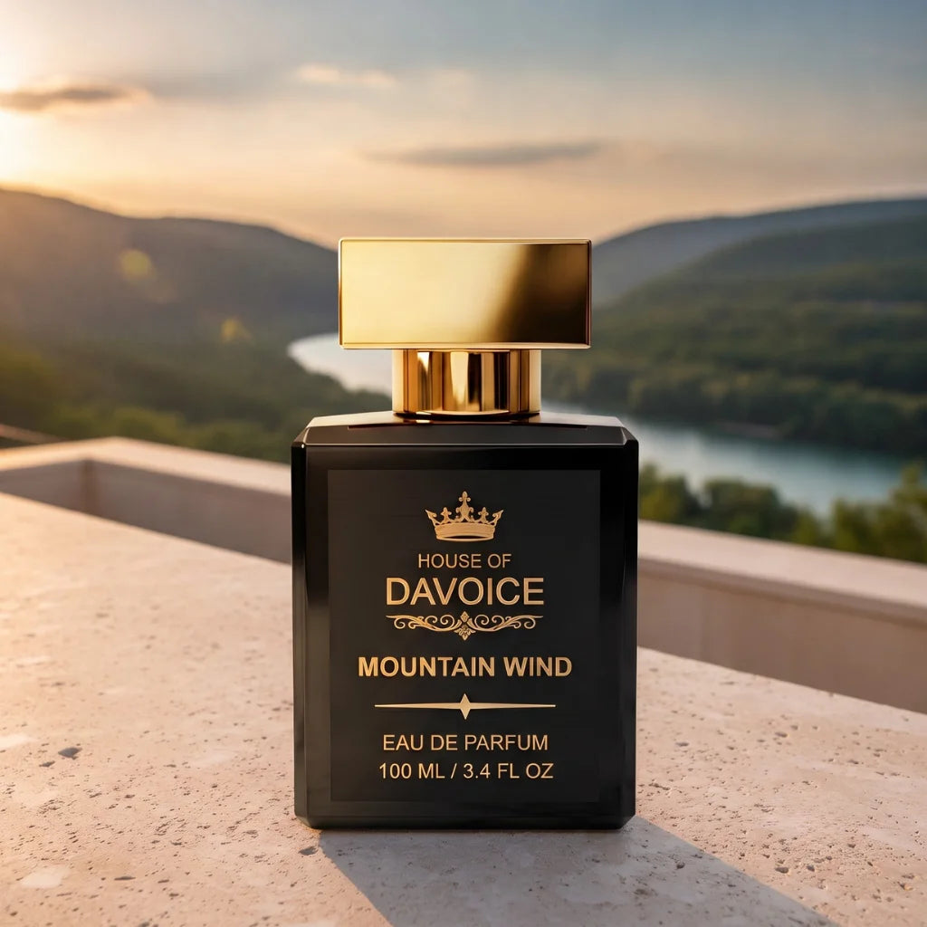 Mountain Wind Sauvage alternative cologne overlooking a scenic river valley at golden hour