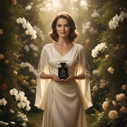 Elegant woman holding House of DaVoice Nuclear Flower perfume inspired by Viktor and Rolf Flowerbomb perfume women's floral fragrance