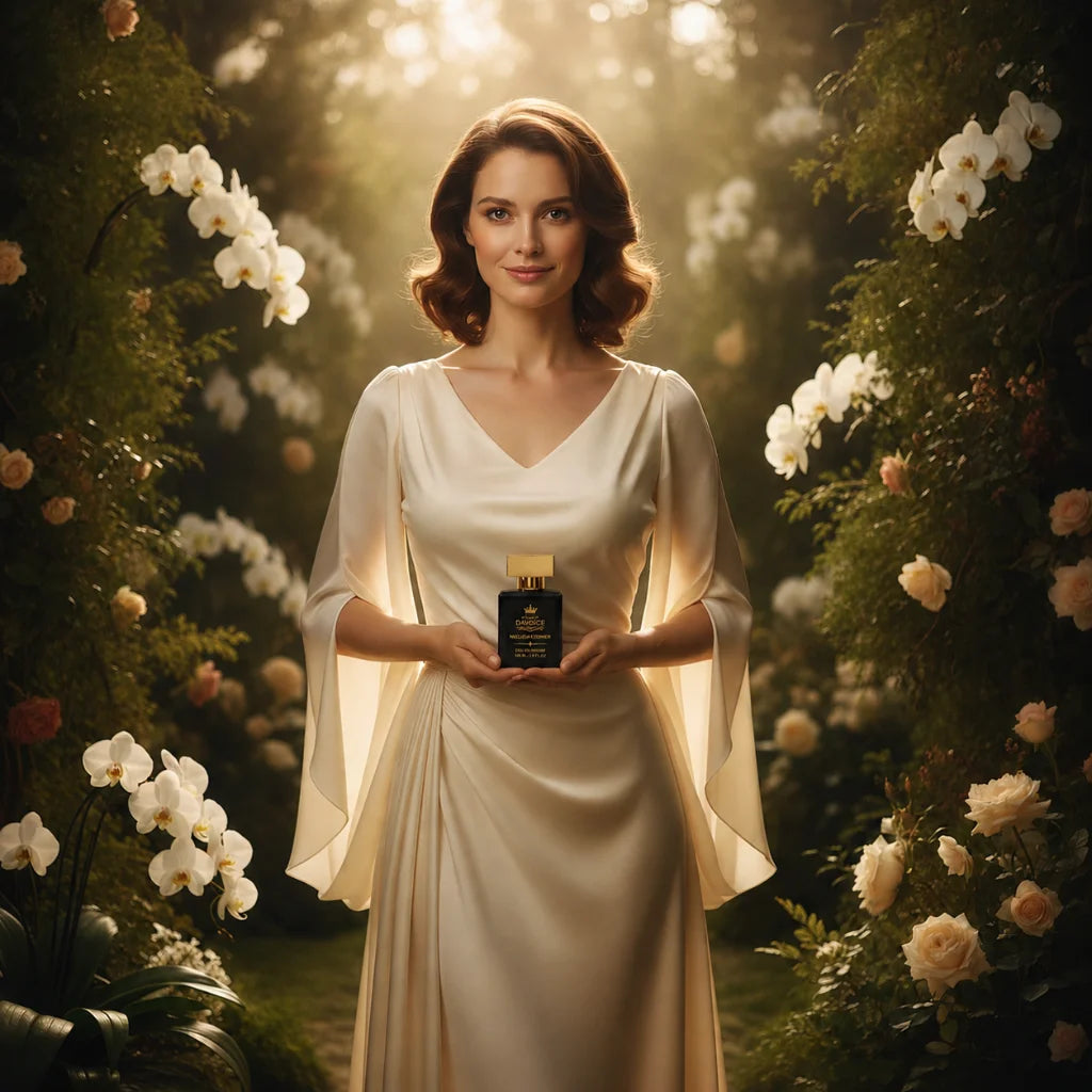 Elegant woman holding House of DaVoice Nuclear Flower perfume inspired by Viktor and Rolf Flowerbomb perfume women's floral fragrance