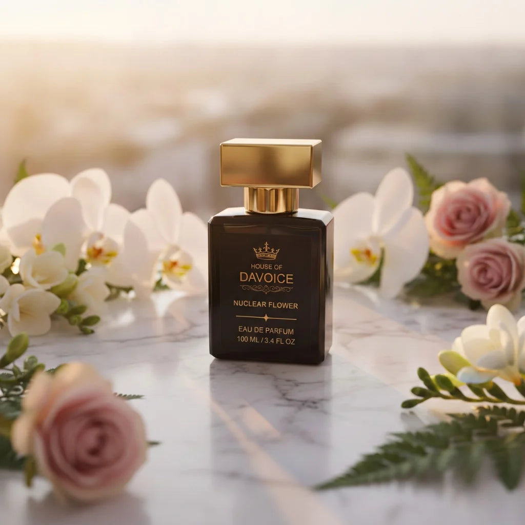 House of DaVoice Nuclear Flower luxury floral perfume surrounded by orchids roses and bergamot is a Viktor & Rolf Flowerbomb dupe perfume