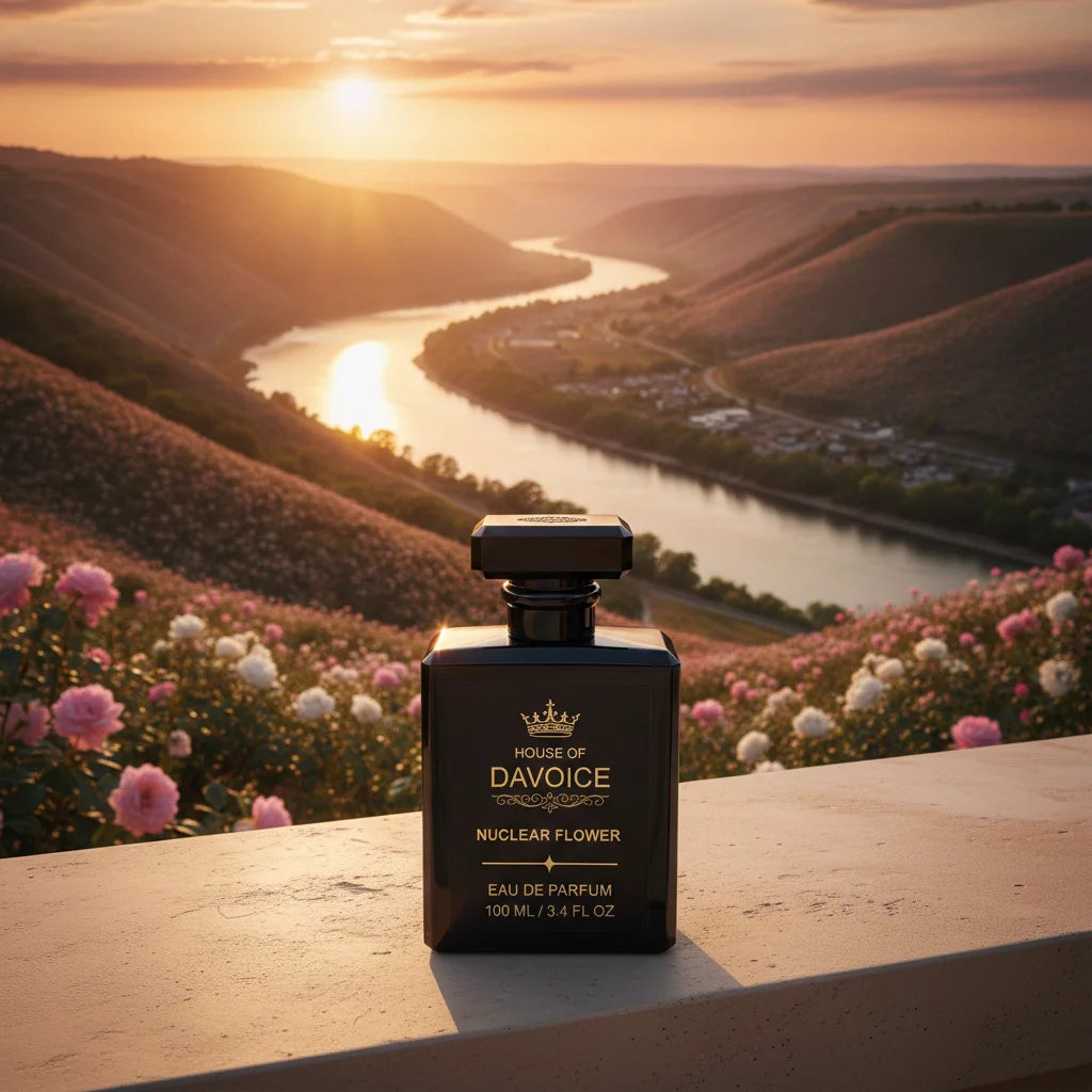 House of DaVoice Nuclear Flower perfume scents similar to Flowerbomb overlooking a peaceful river valley at sunrise
