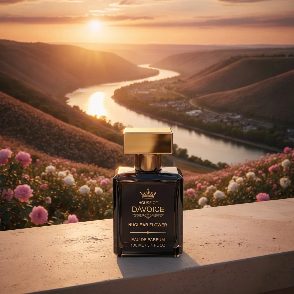 House of DaVoice Nuclear Flower perfume scents similar to Flowerbomb overlooking a peaceful river valley at sunrise