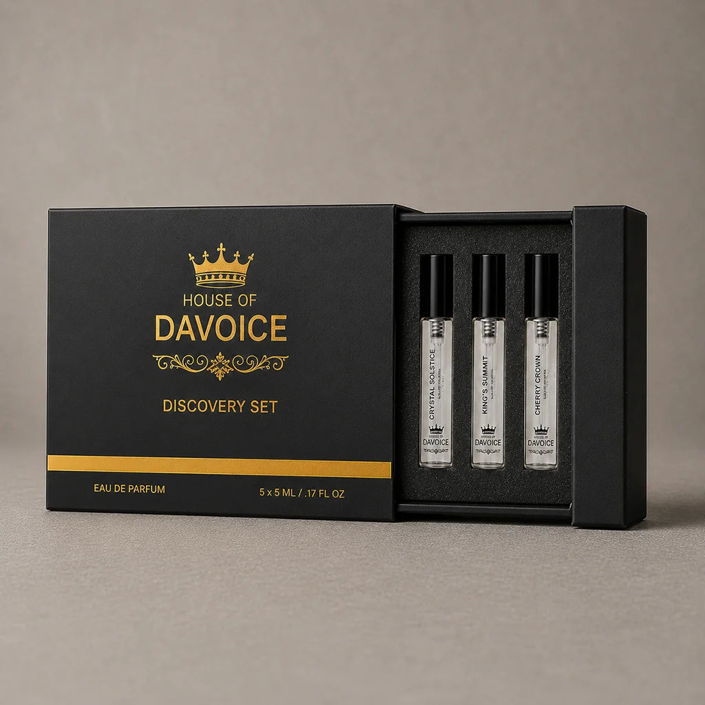 Perfume sampler set box with five travel size fragrance sprays