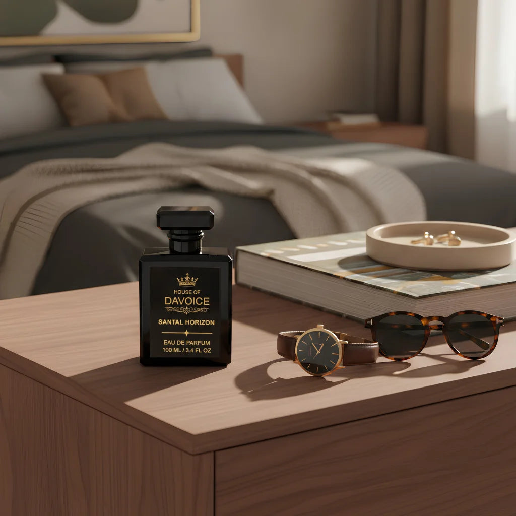 House of DaVoice Santal Horizon that has scents similar to Santal 33 is displayed on a walnut dresser with luxury accessories, premium woody sandalwood perfume