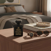 House of DaVoice Santal Horizon that has scents similar to Santal 33 is displayed on a walnut dresser with luxury accessories, premium woody sandalwood perfume