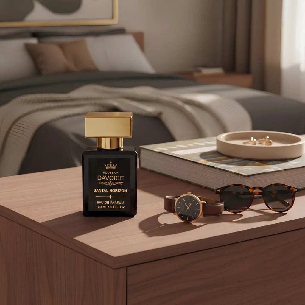 House of DaVoice Santal Horizon that has scents similar to Santal 33 is displayed on a walnut dresser with luxury accessories, premium woody sandalwood perfume