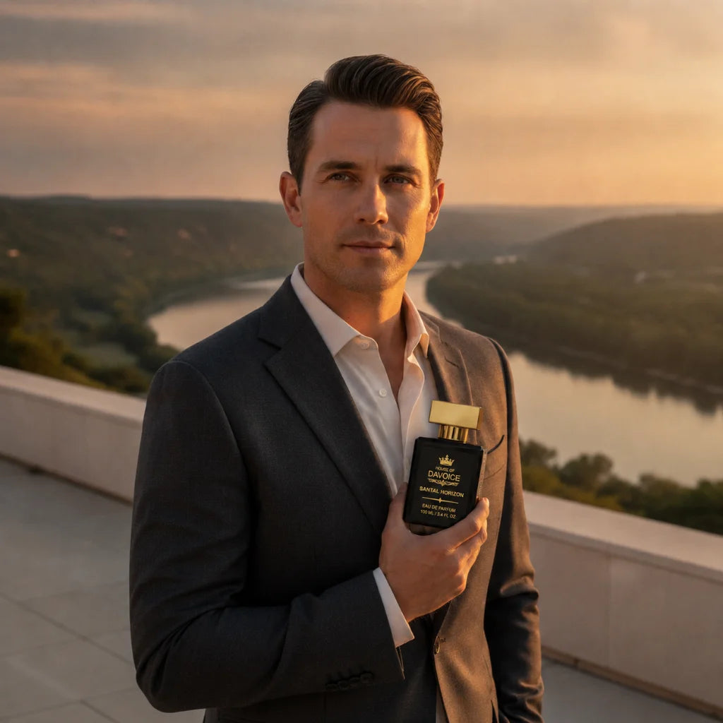 Sophisticated man holding House of DaVoice Santal Horizon, Le Labo Santal 33 inspired perfume for men and women