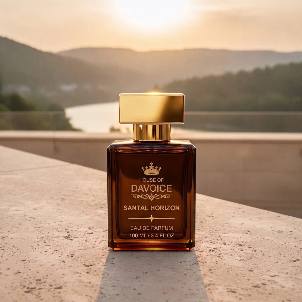 House of DaVoice Santal Horizon luxury fragrance displayed on a modern terrace, scents similar to Le Labo Santal 33