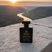 House of DaVoice Santal Horizon overlooking a peaceful river valley, unisex sandalwood fragrance that smells like Santal 33
