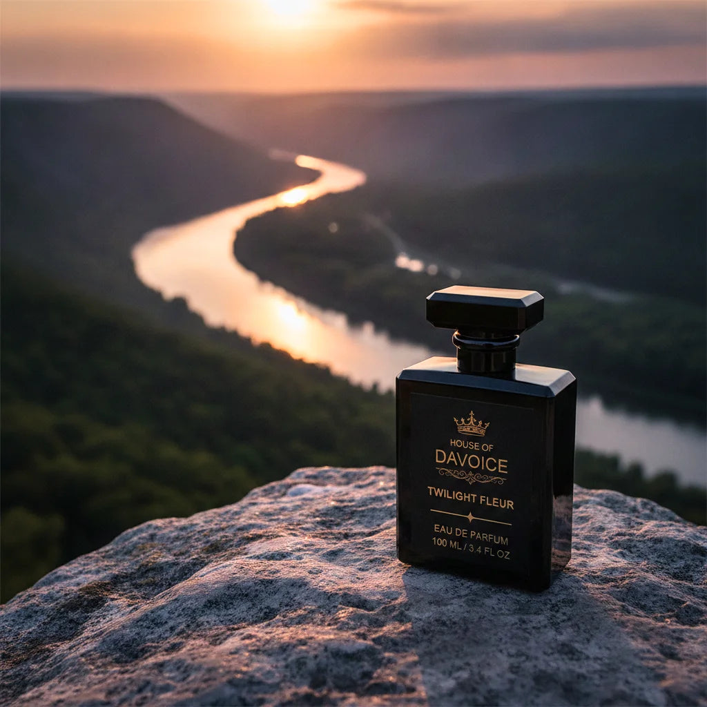 House of DaVoice Twilight Fleur perfumes like Black Opium displayed above a scenic river valley at sunset