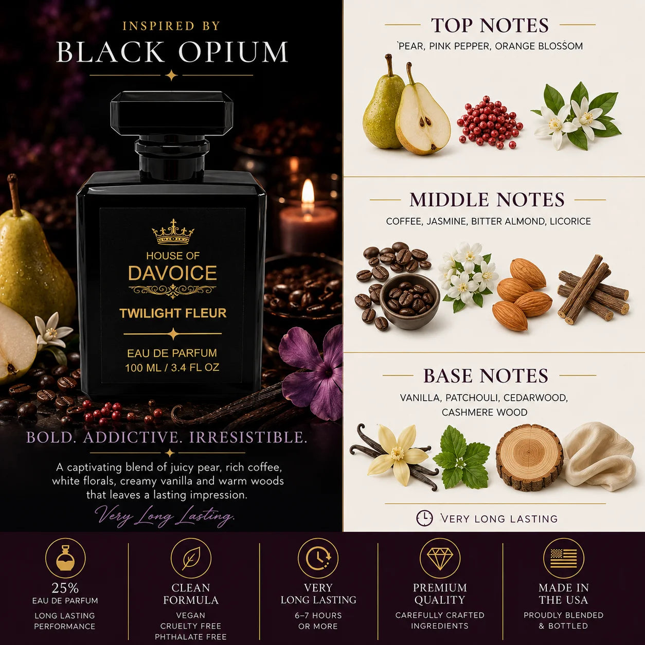 Twilight Fleur Black Opium perfume dupe featuring pear, coffee, jasmine, vanilla and cashmere wood fragrance notes inspired by YSL Black Opium