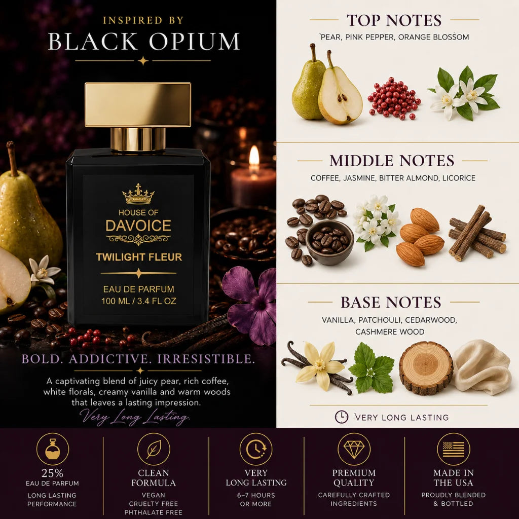 Twilight Fleur Black Opium perfume dupe featuring pear, coffee, jasmine, vanilla and cashmere wood fragrance notes inspired by YSL Black Opium
